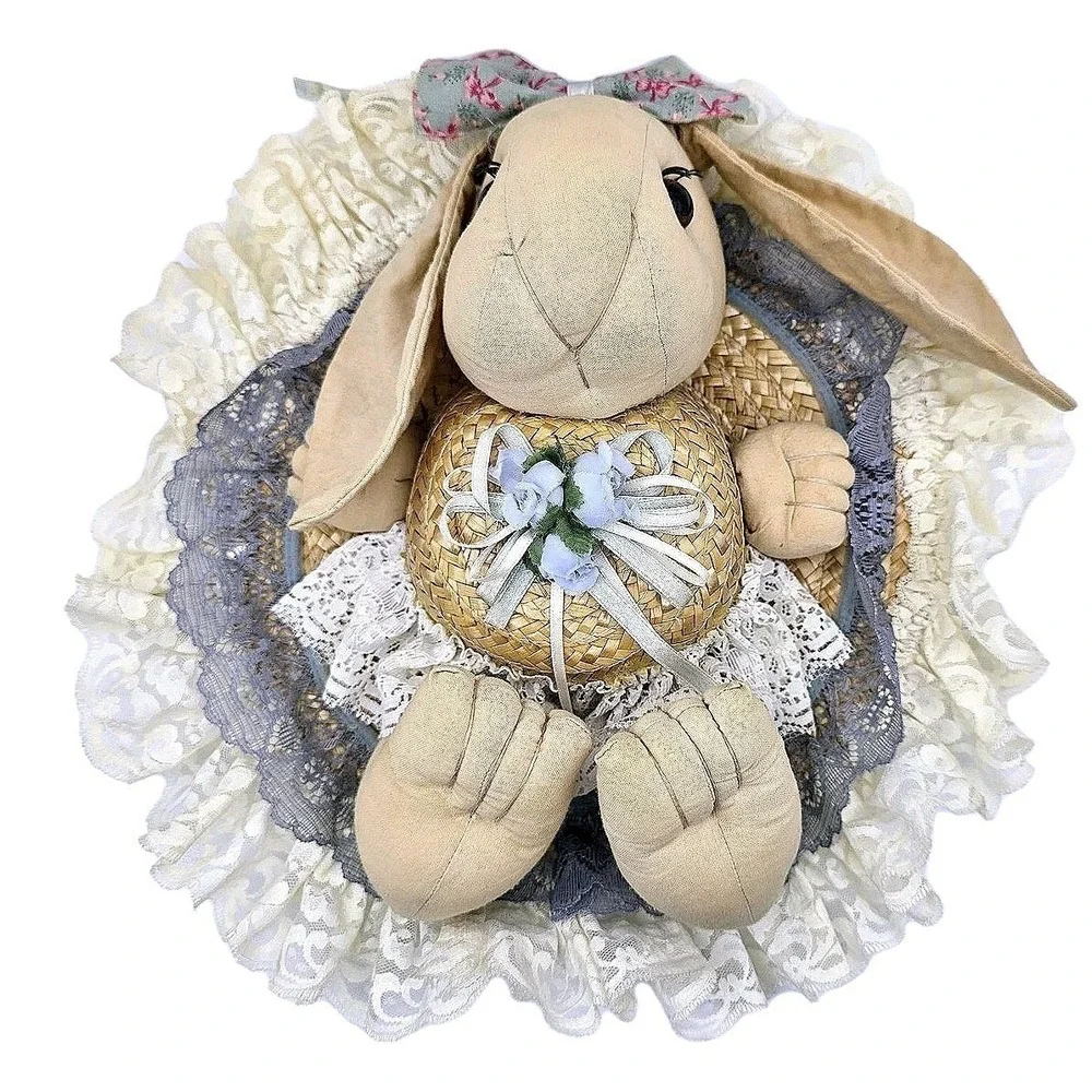 Vtg Shabby Chic Easter Bunny Rabbit Straw Hat Wall Hanging‎ Country Decor 14